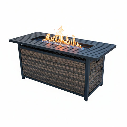 56 Inch Gas Fire Pit Table Outdoor Rattan Propane Fire Table & Fireplace with Fire Glass, Lid, 50,000 BTU Firepits for outside Patio