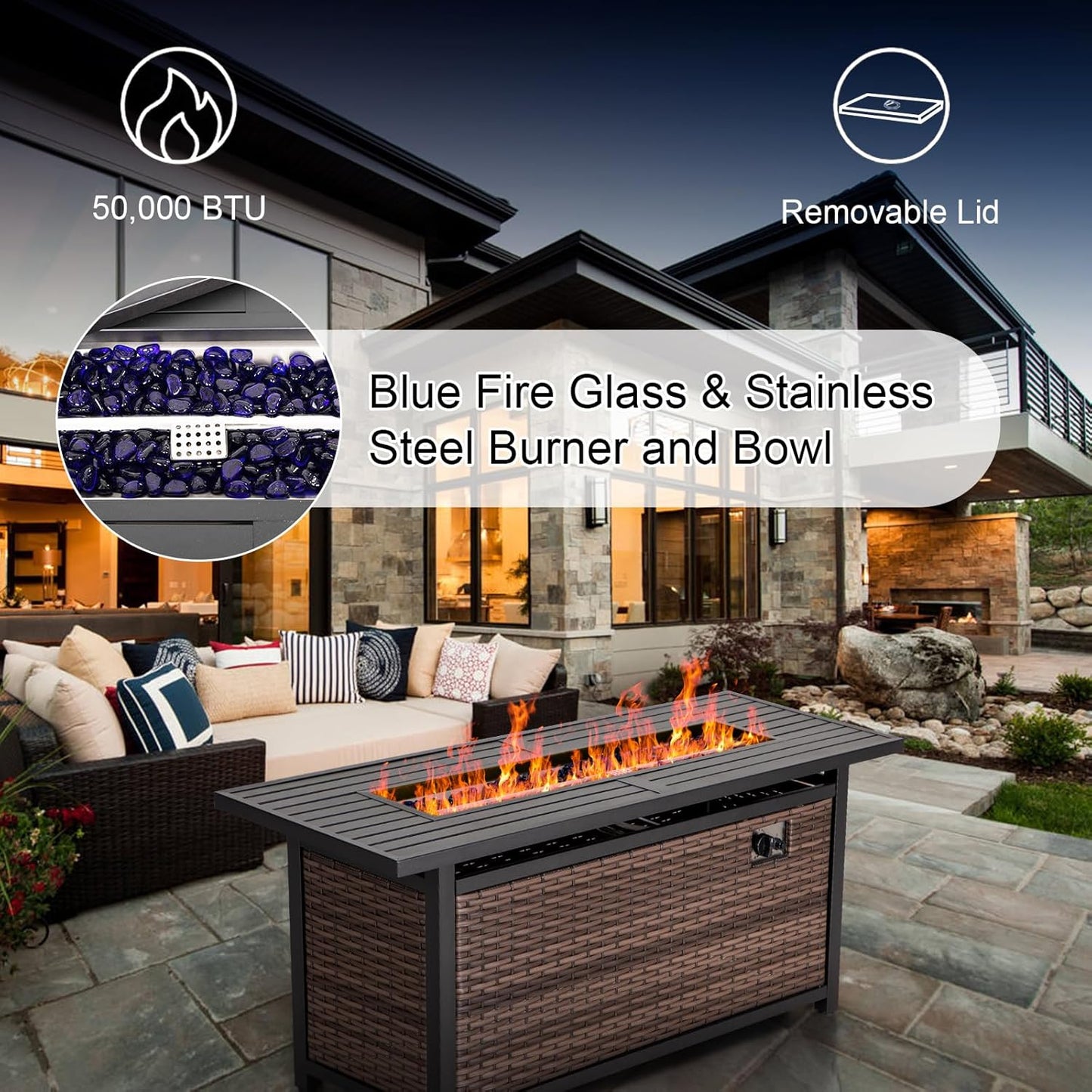 56 Inch Gas Fire Pit Table Outdoor Rattan Propane Fire Table & Fireplace with Fire Glass, Lid, 50,000 BTU Firepits for outside Patio