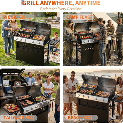 Grills 5 Burner Propane Gas Grill & Griddle Combo 40,000 BTU Stainless Steel Outdoor Patio Barbecue Grill Propane Gas with Removable Cart Portable Griddle for Outdoor Cooking, BBQ, Camping, Backyard