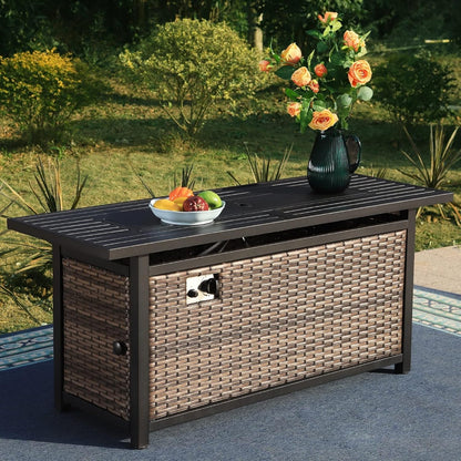 56 Inch Gas Fire Pit Table Outdoor Rattan Propane Fire Table & Fireplace with Fire Glass, Lid, 50,000 BTU Firepits for outside Patio