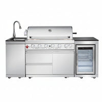 Outdoor Kitchen Island with Built in Grill, 6 Burner 83500 BTU Stainless Steel Gas Barbecue Island, Patio Cooking Station with Sink & Wine Cooler, Built in Grill Island for Backyard (Silver)