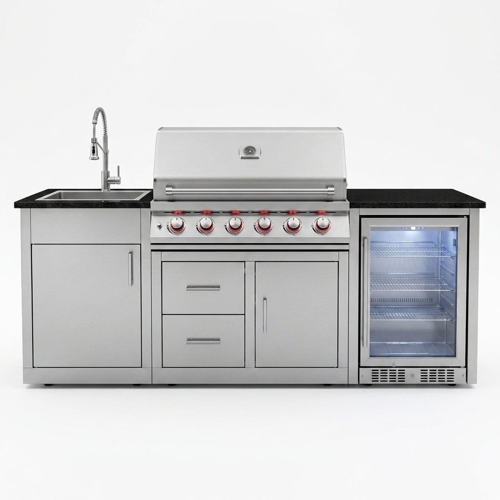 Outdoor Kitchen Island with Built in Grill, 6 Burner 83500 BTU Stainless Steel Gas Barbecue Island, Patio Cooking Station with Sink & Wine Cooler, Built in Grill Island for Backyard (Silver) — Studio Shot