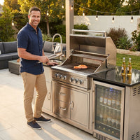 Outdoor Kitchen Island with Built in Grill, 6 Burner 83500 BTU Stainless Steel Gas Barbecue Island, Patio Cooking Station with Sink & Wine Cooler, Built in Grill Island for Backyard (Silver) — Lifestyle