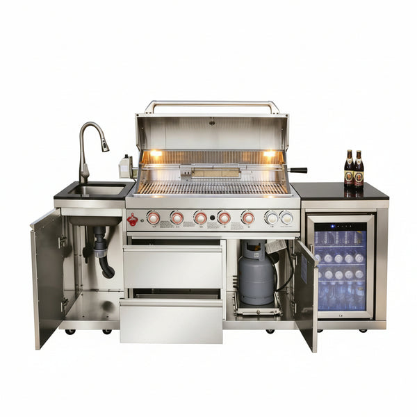 82-Inch 6-Burner Gas Grill 85,000 BTU Outdoor Kitchen Barbecue | Stainless Steel Grill Island with Sink, Storage Cabinets, and Wine Refrigerator,Backyard, Patio, Lawn, Silver