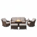 Luxurious 7 Piece Patio Furniture Set with Fire Pit Table, High Back Wicker Swivel Rocker Glider Outdoor Chairs with 6" Cushion, All-Weather Patio Conversation Set for Yard Garden - Brown/Beige