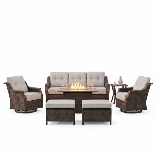 Luxurious 7 Piece Patio Furniture Set with Fire Pit Table, High Back Wicker Swivel Rocker Glider Outdoor Chairs with 6" Cushion, All-Weather Patio Conversation Set for Yard Garden - Brown/Beige
