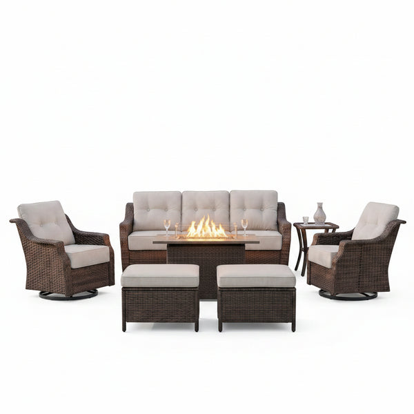 Luxurious 7 Piece Patio Furniture Set with Fire Pit Table, High Back Wicker Swivel Rocker Glider Outdoor Chairs with 6" Cushion, All-Weather Patio Conversation Set for Yard Garden - Brown/Beige