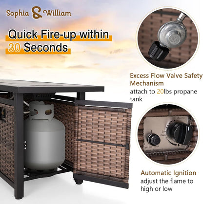 56 Inch Gas Fire Pit Table Outdoor Rattan Propane Fire Table & Fireplace with Fire Glass, Lid, 50,000 BTU Firepits for outside Patio